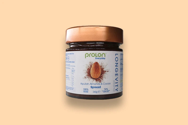 Jar of ProLon Longevity Spread on a peach background